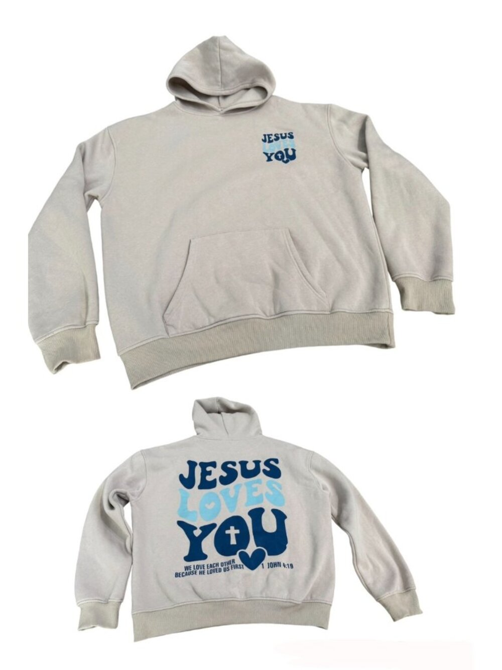 Jesus Loves You double sided XL Hoodie Grey Beige Greige Blue 1 John 4 19 Faith
